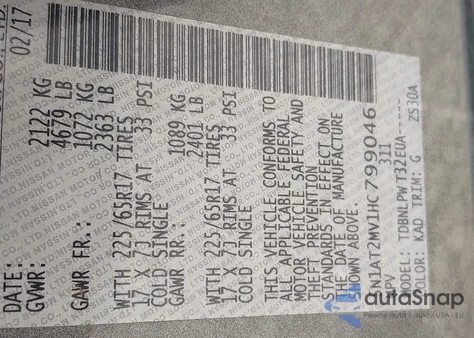 2017 Nissan Rogue S z USA, uszkodzony, nr VIN 5N1AT2MV1HC799046